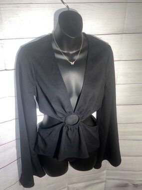 ASOS Black Long Sleeve Top with Front Ring Cutout and Peplum